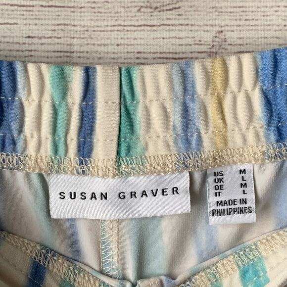Susan Graver Blue Beige Striped Crop Wide Leg Pants or Capris Pockets Size M - Picture 8 of 12